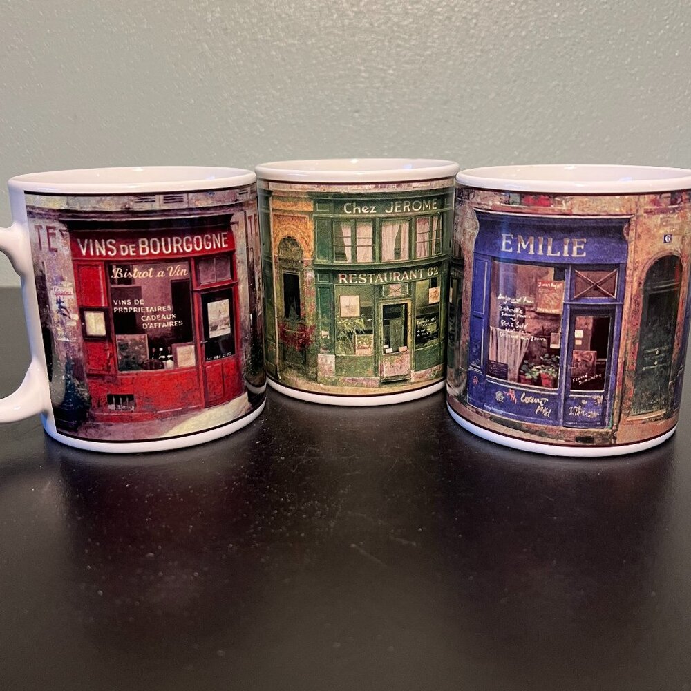SAKURA French STOREFRONTS Stoneware Coffee Mugs Cups Chiu Tak Hak Paris Set of 3